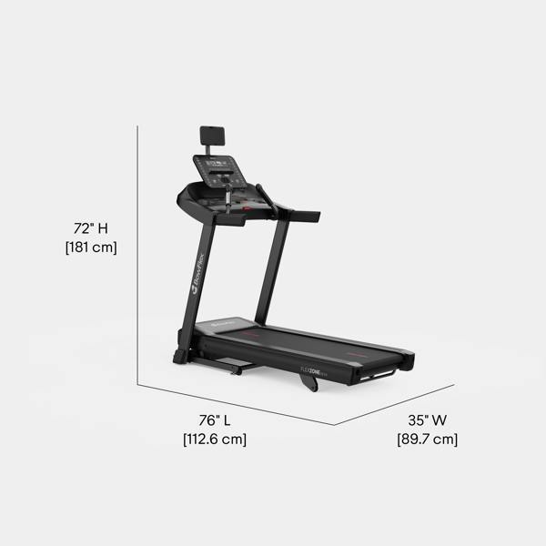 bowflex t6 Treadmill with dimensions labeled on a white background