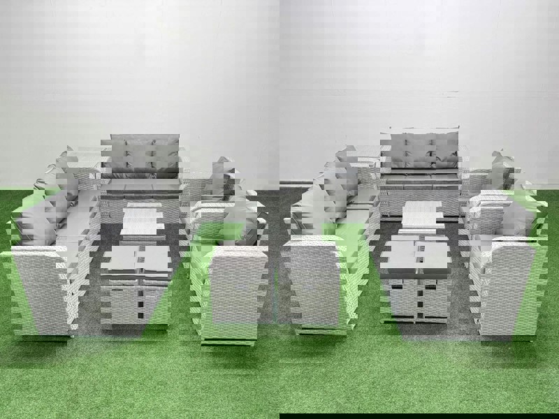 Fimous PE Rattan High Back Lounge Sofa Set Patio Square Coffee Table & Chairs Set with 3 Seater Sofa Reclining Chair Stools Side Table Light Grey