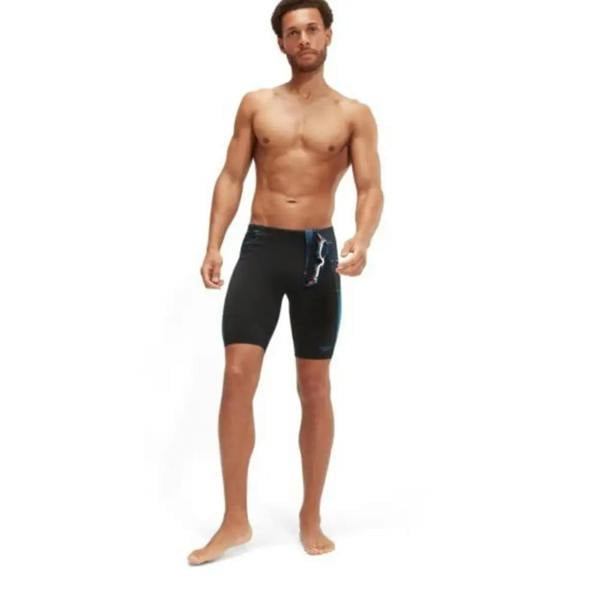 Black Speedo Endurance+ Max Splice swim jammer with blue accents