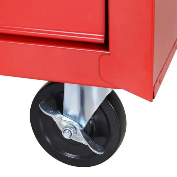 Red tool chest caster wheel with metal bracket and locking brake