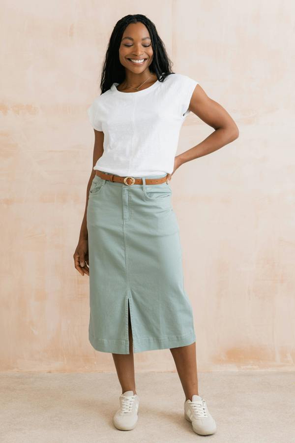 Lily & Me Morwenna Stretch Twill Midi Skirt Silver Sage