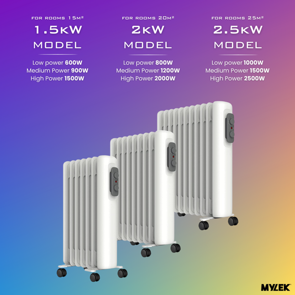 Mylek Oil Filled Radiator Electric Heater Portable With Adjustable Thermostat - White 1500w