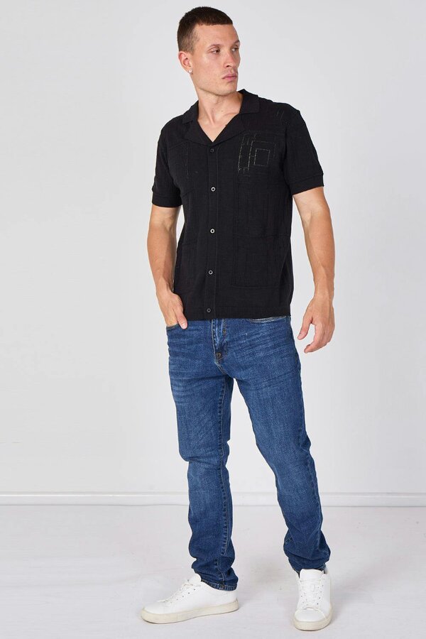 Men's Textured Knitted Button-Through Polo Shirt