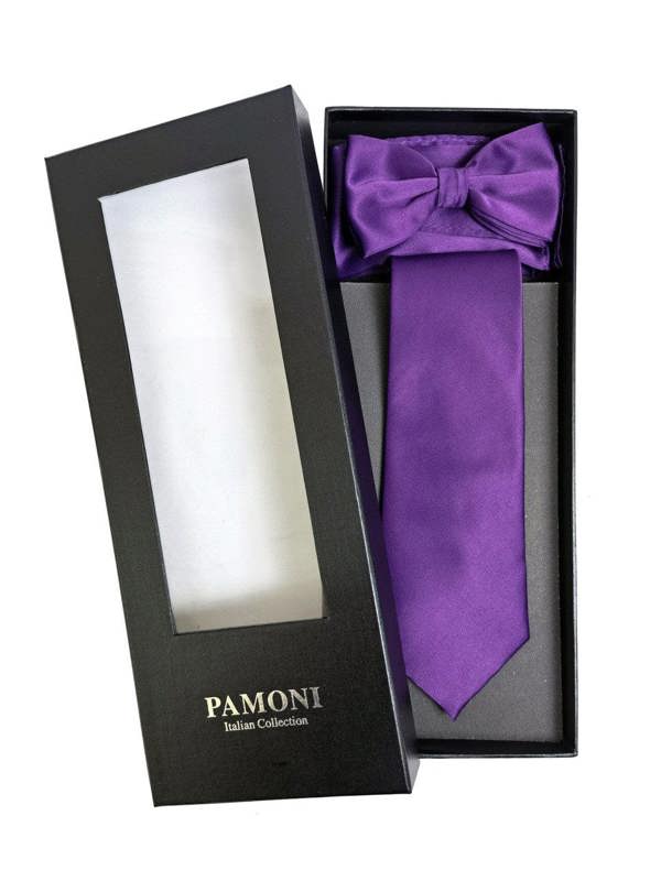 Purple PAMONI bow tie set featuring a matching tie and bow tie, displayed on a white background.