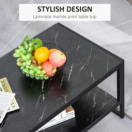 Wyld Haus Minaba Metal And Wood Black 2 Tier Marble Effect Coffee Table With Bottom Shelf