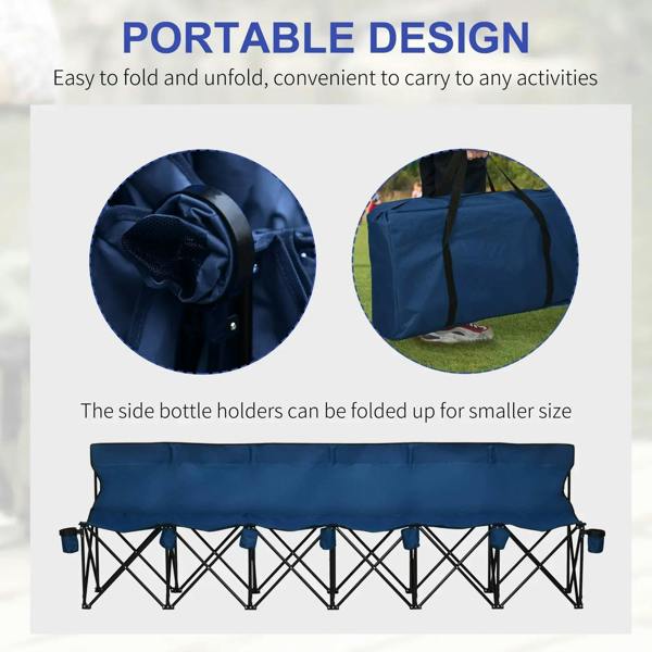 Blue folding camping chair with cup holders, side bottle holders, and easy transport design