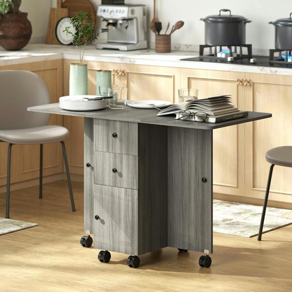 HOMCOM Folding Dining Table, Drop Leaf Table With Storage Drawers - Grey