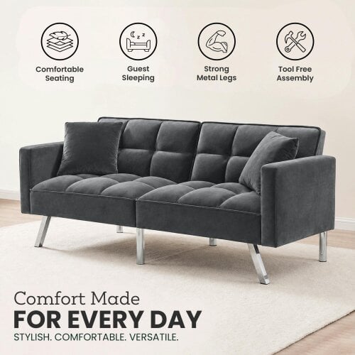 Kosy Koala Sofa Bed 2 Seater Grey Velvet Click Clack Sofa Settee Recliner Couch with Metal Legs Living Room Furniture