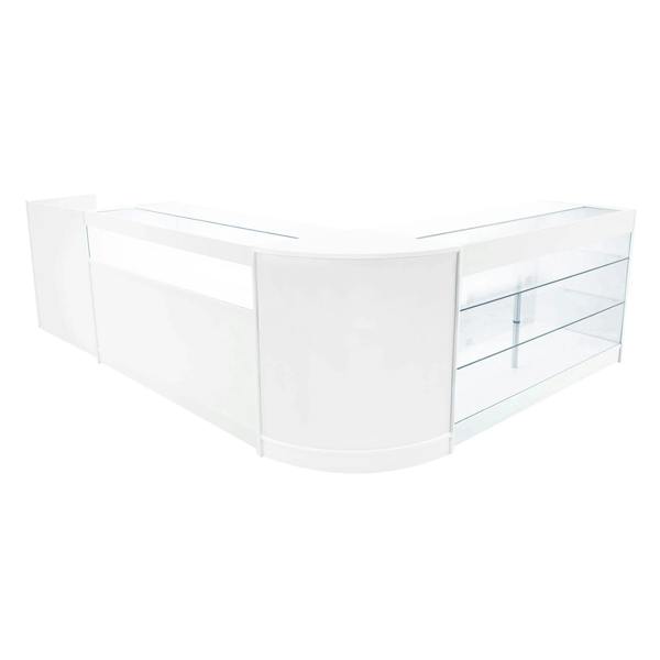 Polaris LED Shop Counter Set in white features sleek design, glass display shelves, and a modern, curved shape for retail spaces