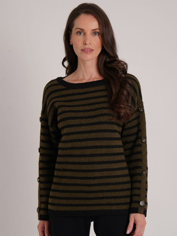 VIZ-A-VIZ Stripe Button Arm Crew Neck Jumper