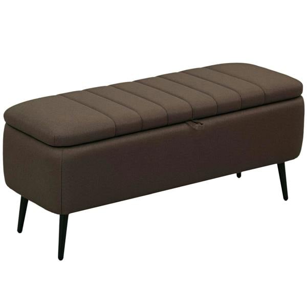 Dark brown linen-look storage ottoman with cushioned hinged top and black tapered legs