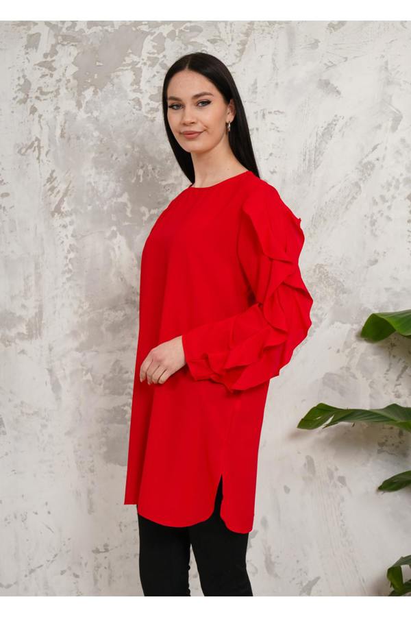 Hoxton Gal Oversized Long Ruffle Sleeve Relaxed Fit Tunic in Red