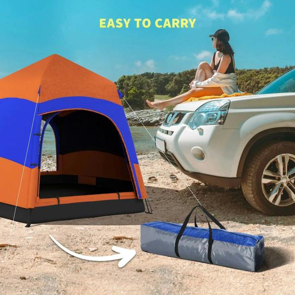 Orange and blue hexagon camping tent with carry bag beside the open front entrance