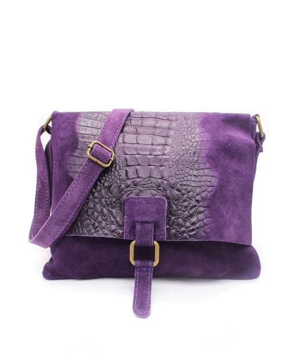 Kitise Italian Soft Suede Leather Croc Skin Pattern Flap Over Small  Cross Body Bag