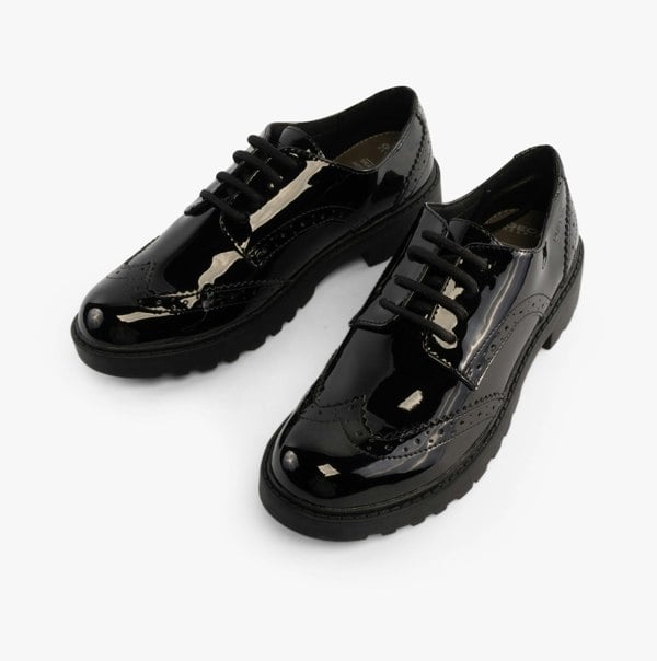 GEOX JR CASEY Girls Patent Brogue School Shoes Black