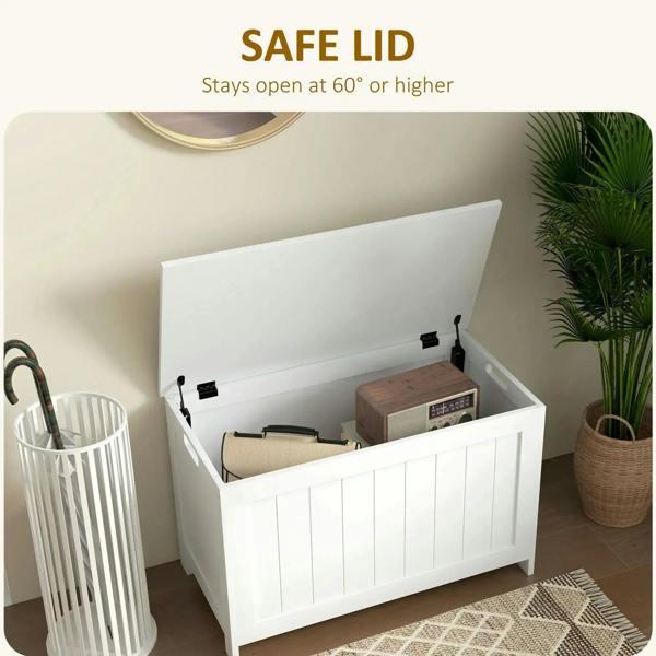 White storage chest with lid open and black safety hinges visible inside