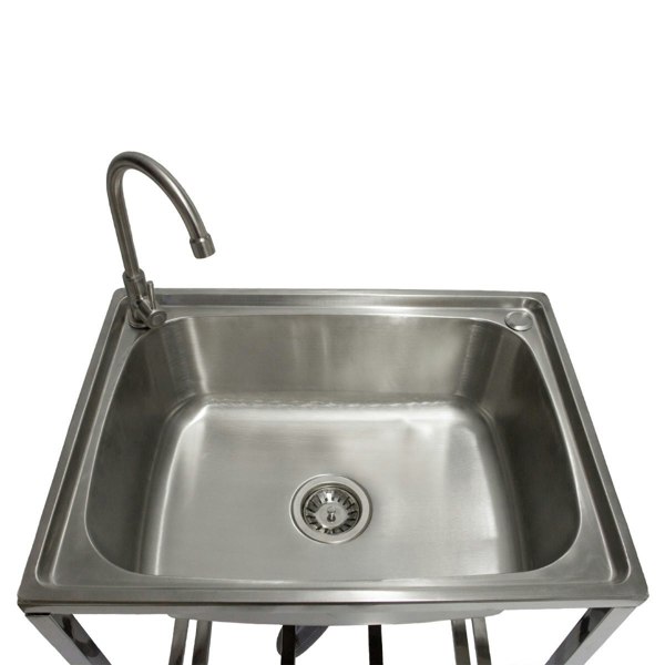 Portable stainless steel camping sink with a sleek design, smooth surface, and a curved faucet for easy water access