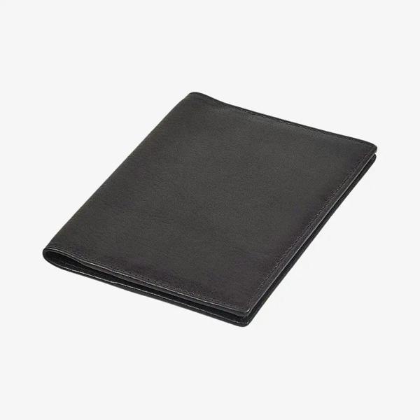 Top view of Black leather passport holder on a white background