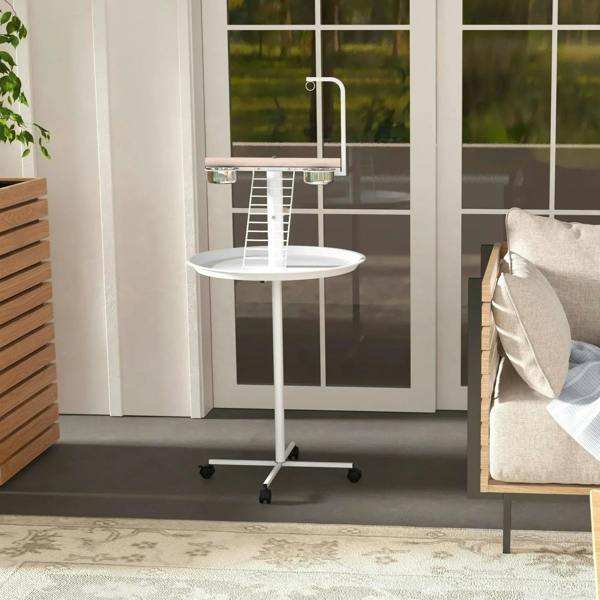 White bird feeding stand on caster wheels with two stainless bowls and round tray