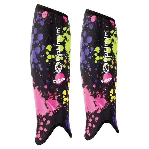 Pair of black Optimum Fusion hockey shin guards with multi-colour paint-splatter print and white logo, on white - Optimum