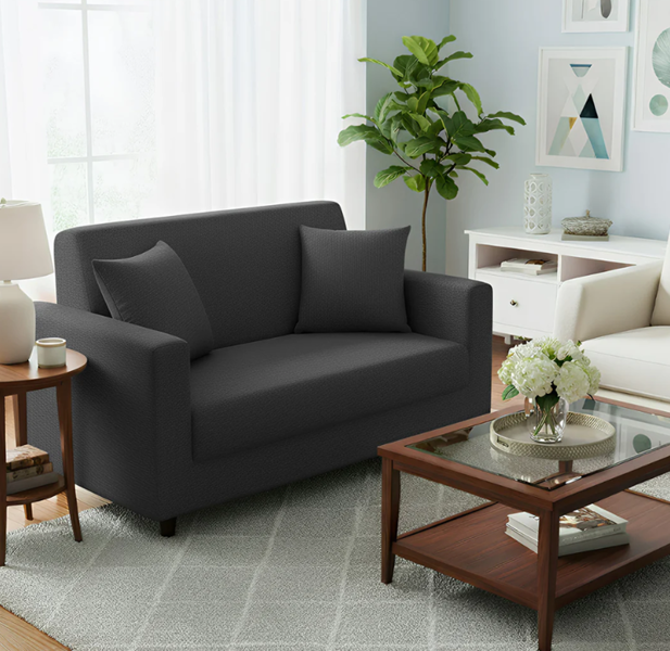 Anyseat 2 Seater Sofa Cover Plain Dark Grey Style and Protection For Living Room Sofa Chair Elastic Stretchable Slipcover