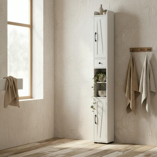 Wyld Haus Mittori Farmhouse Style Slim Bathroom Storage Cabinet With Barn Doors And Toilet Roll Holder White