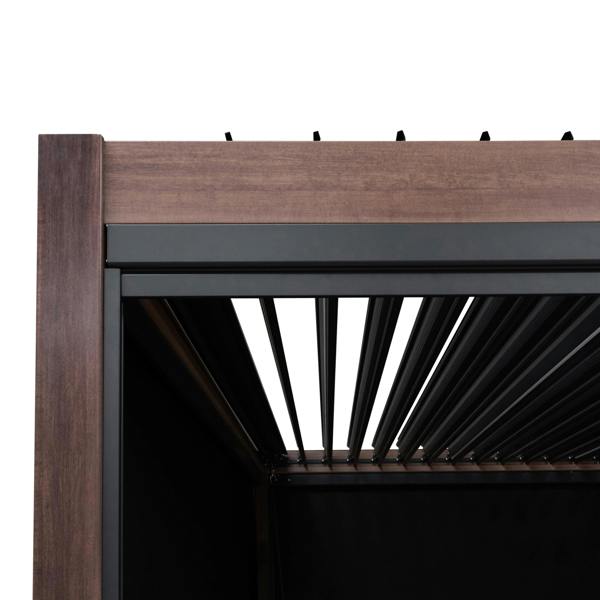 Wood effect aluminium pergola with adjustable blinds, featuring a sleek design and rich brown finish, perfect for outdoor spaces