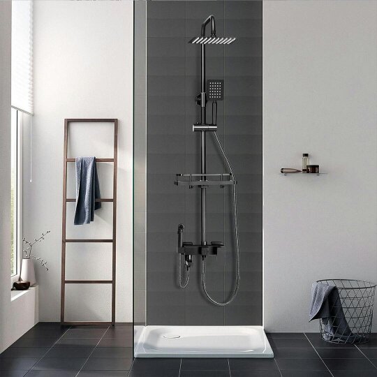 Havendro Black Bathroom Thermostatic Exposed Shower Mixer Twin head Large Square Bar Set
