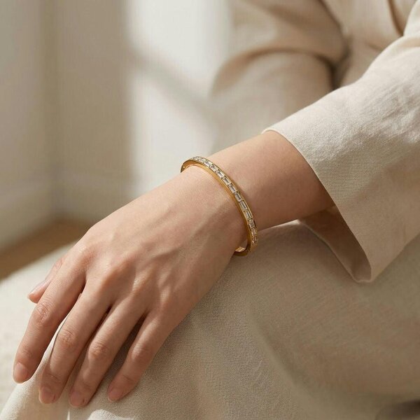 The Colourful Aura 18ct Gold Plated Clear Baguette Crystal Hinged Bangle Bracelet