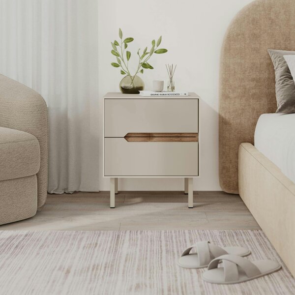 Decortie Arch 2 Drawer Bedside Table Sandstone Whiskey Oak 45 x 35 x 52.5 cm (Sandstone and Whiskey Oak)