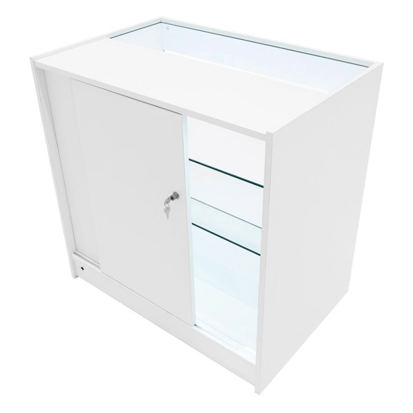 Triton LED shop counter set in white, featuring a sleek design, glass shelves, and a lockable sliding door for secure storage