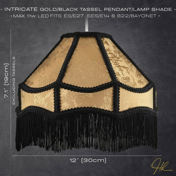 Gold Shimmer Victorian Lamp Shade with Floral Decoration and Black Long Tassels Image 6