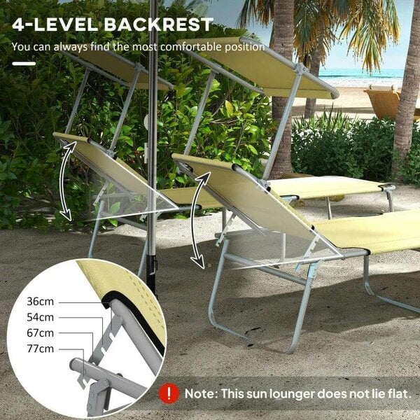 Bobobiy Folding Sun Lounger Set of 2 with Canopy, Reclining Sunbed with 4-Position Adjustable Backrest, 600D Oxford Cloth, Beige