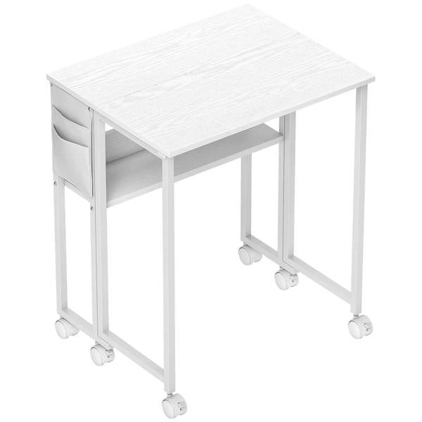 White drop-leaf writing work desk with drawer and casters, rectangular tabletop