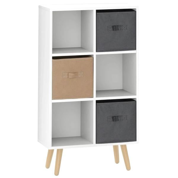 Freestanding cube storage cabinet in white with three fabric drawers and six open shelves