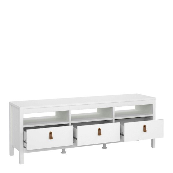 Wyld Haus Wildberry Matt White Wooden TV Unit 3 Drawers Leather Handles