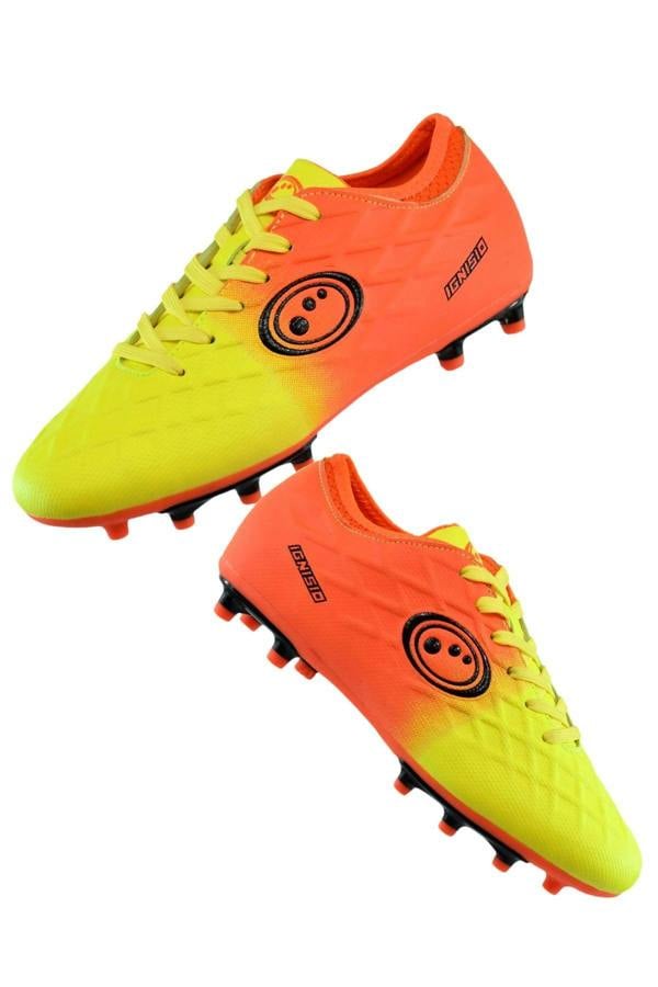 Pair of orange and fluro yellow Optimum Ignisio football boots, moulded studs and black ring logo, angled on white - Optimum