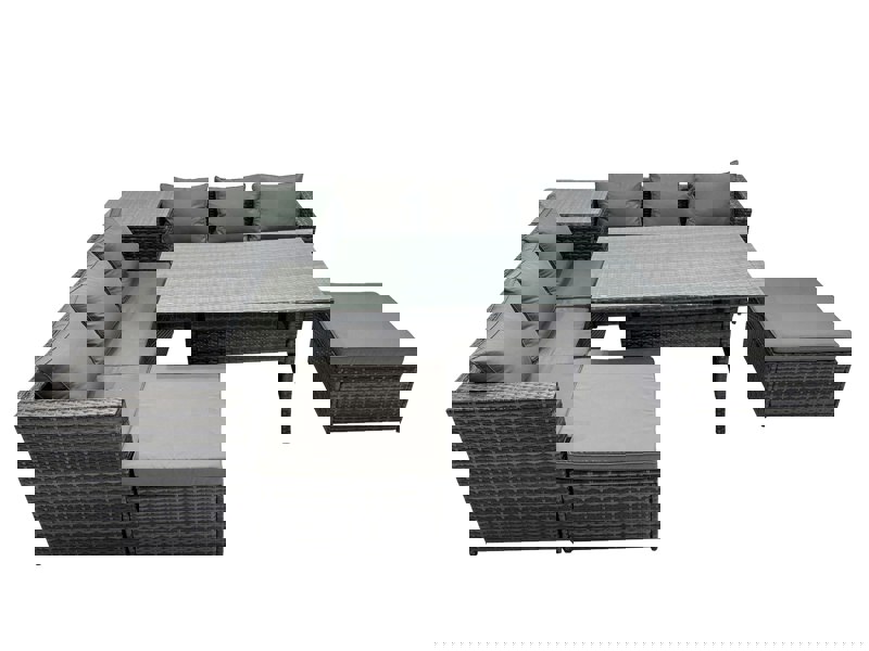 Fimous 8 Seater Outdoor Corner Sofa Dining Table Set Garden Rattan Furniture Set with Side Table 2 Big Stool Dark Grey