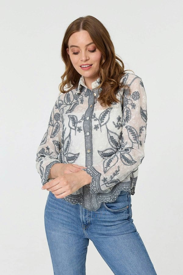 Green | Leaf Embroidered Semi Sheer Lace Shirt
