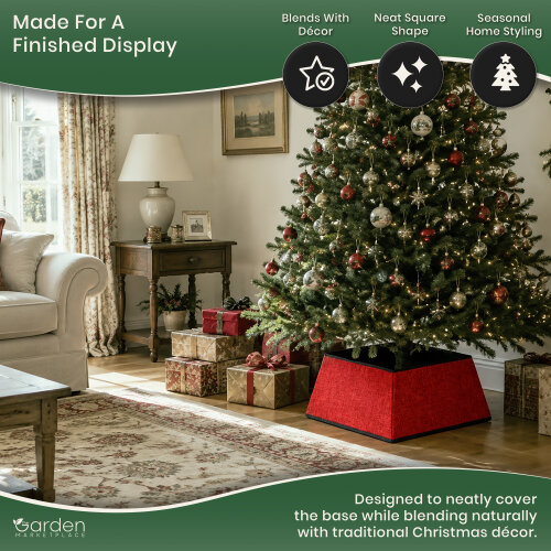 Square Red Christmas Tree Skirt, Cosy Fabric Stand Cover for 1.5–2.1m Trees, Easy Unfold Design, 48cm x 48cm Base, 25cm High
