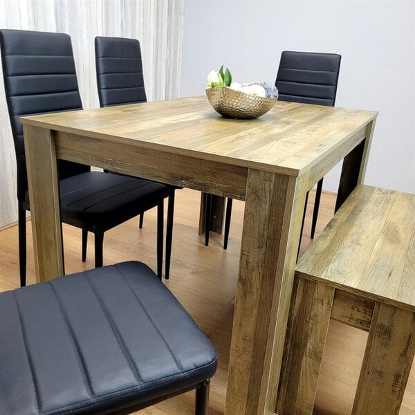 Kosy Koala Wooden Dining Table Set for 6 Rustic Effect Table With 4 Black Leather Chairs and 1 Bench