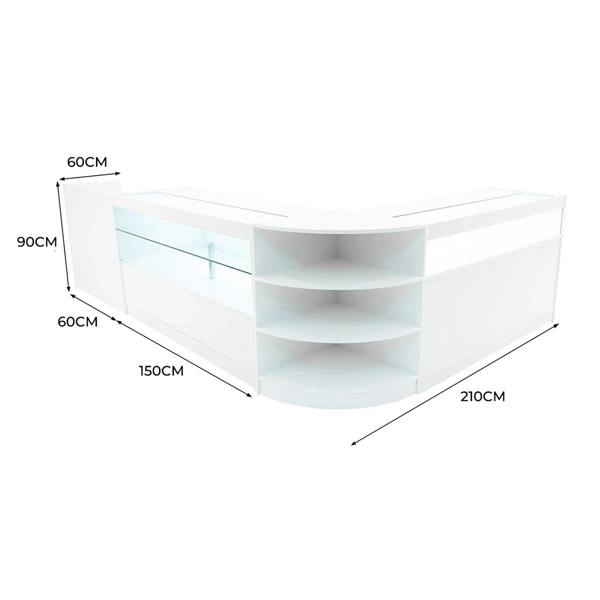 Curved white LED shop counter set with glass display, shelves, and sleek design, measuring 210cm wide, 90cm high, and 60cm deep
