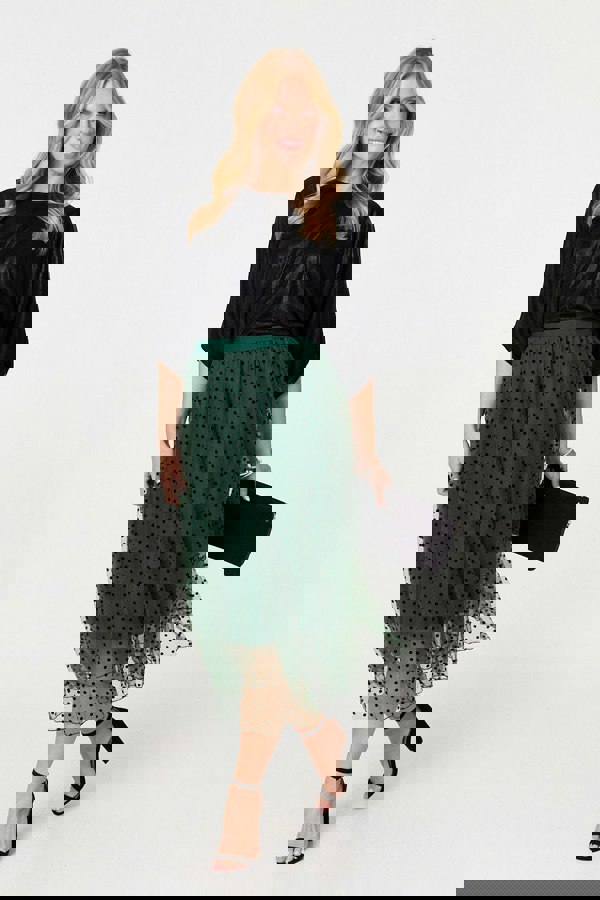 Green | Polka Dot Layered Mesh Midi Skirt
