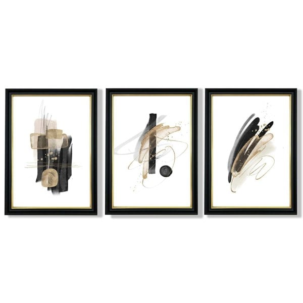 Set of 3 Abstract Black and Gold Fiesta Framed Art Prints with Vermeer Black and Gold Frames