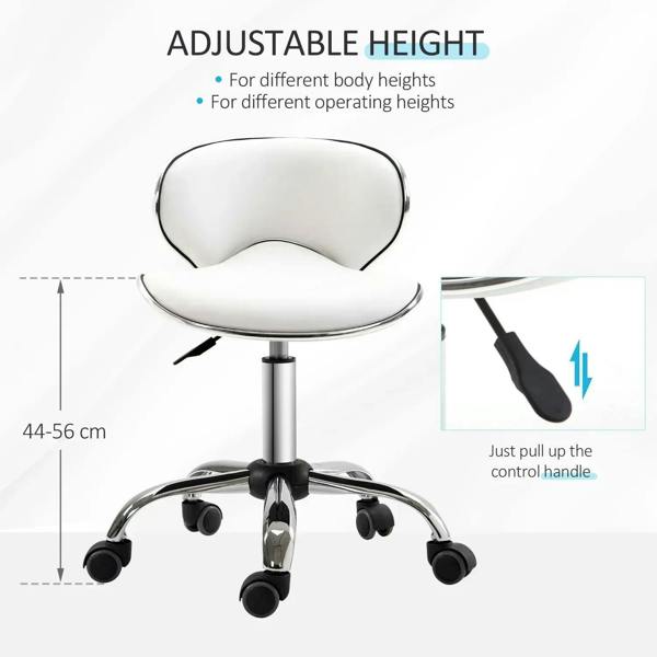 White salon stool with adjustable height lever and padded backrest.