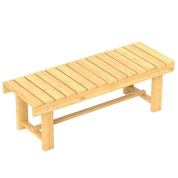 Natural fir wooden slat garden bench with long two-seat frame and four sturdy legs