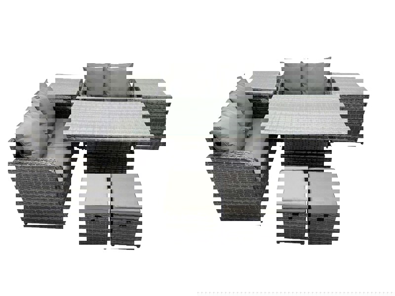 Fimous 6 seater Patio Height Adjustable Rising Lifting Table Sofa Sets Rattan Garden Furniture Dining Set with 2 Small Stools Dark Grey Mixed