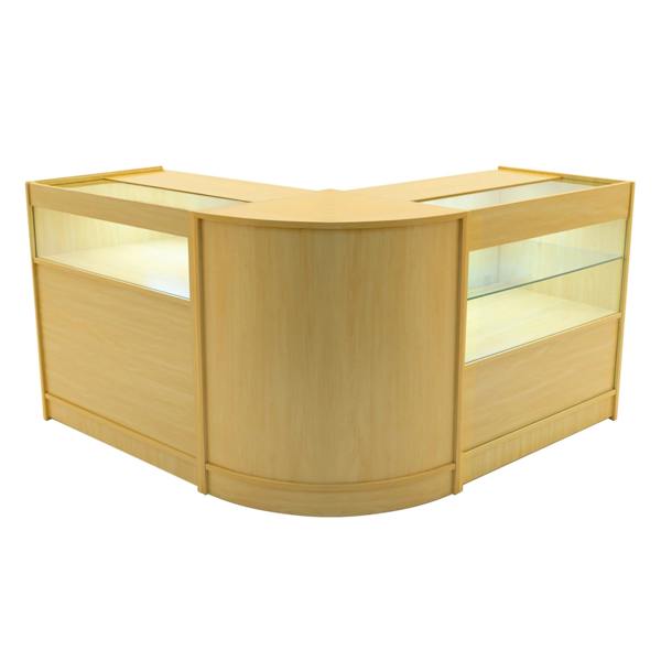 Adonis LED Shop Counter Set in maple finish features a sleek, curved design with glass display sections and integrated lighting