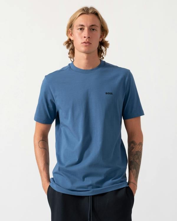 BOSS Green Tee Mens Stretch Cotton T - Shirt with Contrast Logo - Medium Blue 427 | CHO | Designer Mens Logo T - Shirts