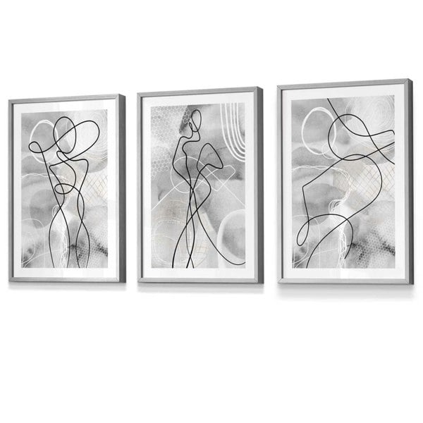 Artze Wall Art Abstract Set of 3 Fashion Line Framed Prints in Black & Grey